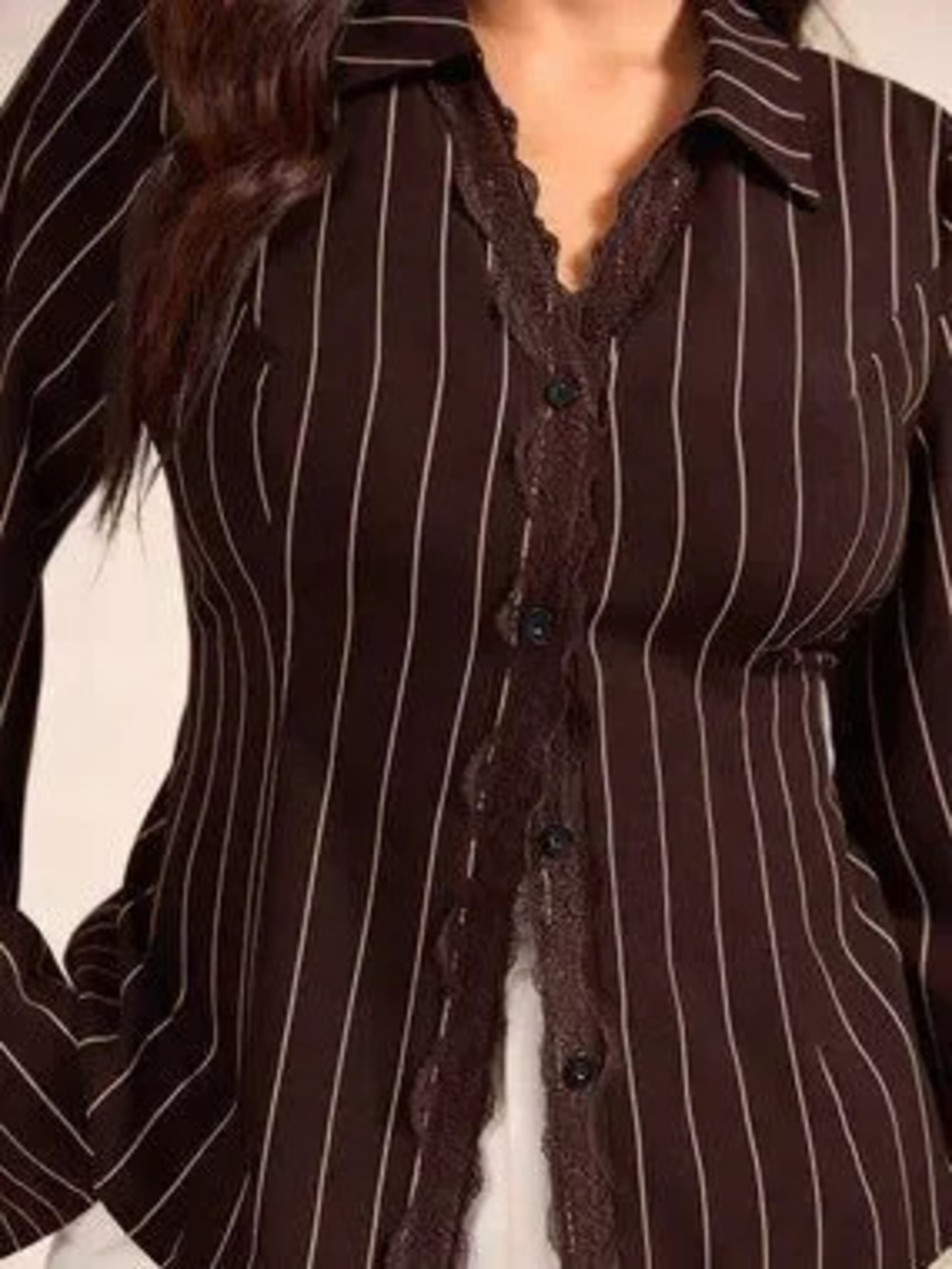 Brown Casual Women's Button-Front Cinched Waist Flare Sleeve Striped Shirt